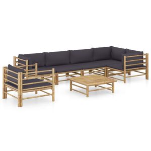 vidaXL 7 pcs conj. lounge jardim em bambu c/ almofad&otilde;es cinza-escuro