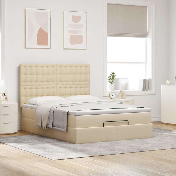 vidaXL Estrutura de cama otomana com colch&atilde;o tecido creme 140x200cm