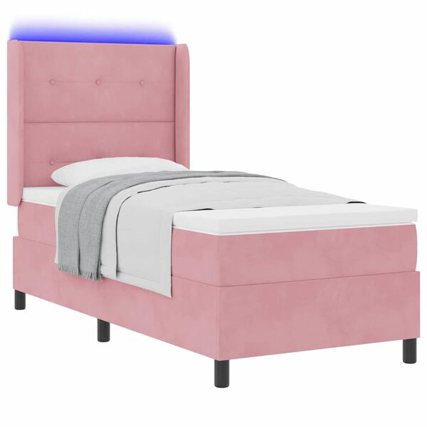 vidaXL Cama Box com colch&atilde;o com led Rosa 90 x 190 cm Veludo
