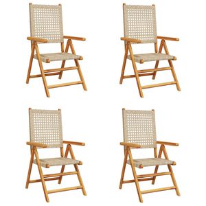 vidaXL Conjunto de 4 cadeiras reclin&aacute;veis dobr&aacute;veis em rattan sint&eacute;tico bege e madeira maci&ccedil;a.