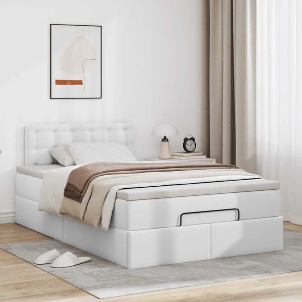 vidaXL Estrutura de cama otomana com colch&atilde;o branco couro falso
