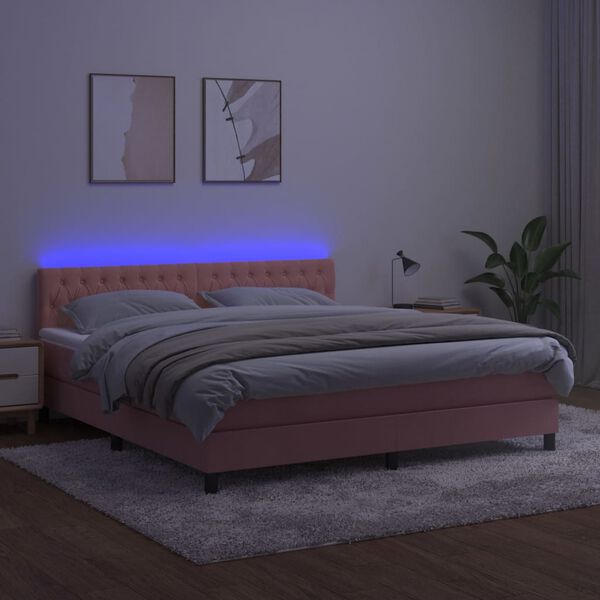 vidaXL Cama box spring c/ colch&atilde;o/LED 160x200 cm veludo rosa