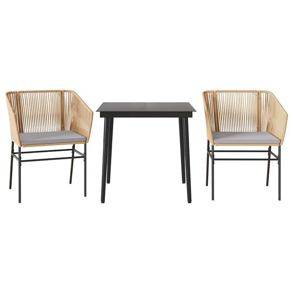 vidaXL Conjunto jantar jardim 3 peças almofadas vidro vime PE castanho