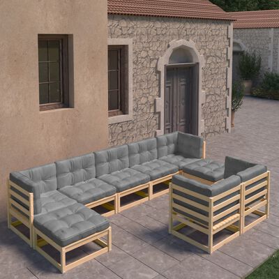 vidaXL 9 pcs conjunto lounge de jardim c/ almofadões pinho maciço
