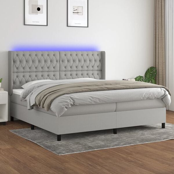 vidaXL Cama box spring c/ colch&atilde;o e LED 200x200 cm tecido cinza-claro
