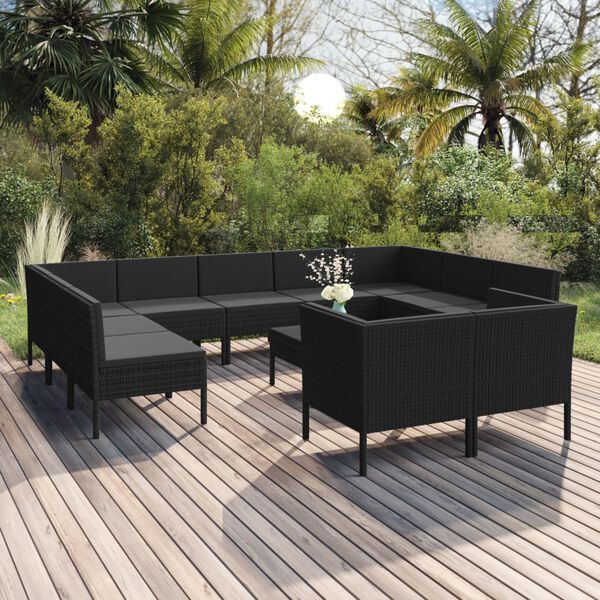 vidaXL 12 pcs conjunto lounge de jardim c/ almofad&otilde;es vime PE preto