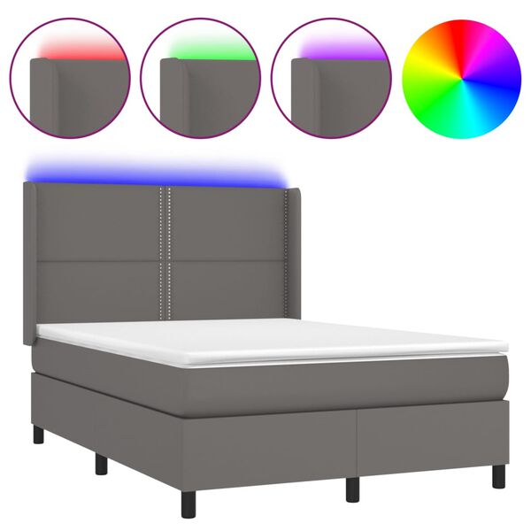 vidaXL Cama box spring c/ colchão/LED 140x200cm couro artificial cinza