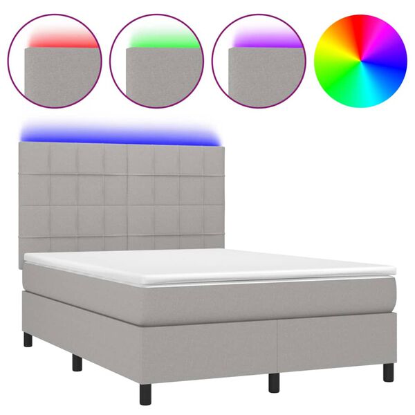 vidaXL Cama box spring c/ colch&atilde;o e LED 140x200 cm tecido cinza-claro
