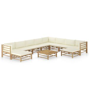 vidaXL 11 pcs conj. lounge jardim em bambu c/ almofad&otilde;es branco nata