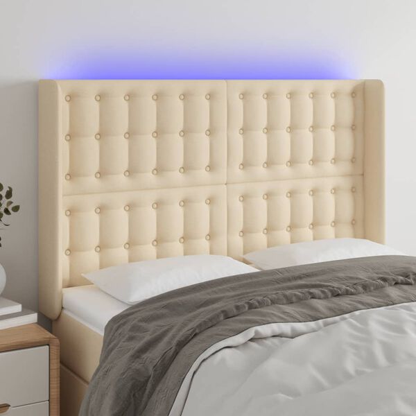vidaXL Cabeceira cama c/ luzes LED tecido 147x16x118/128 cm cor creme