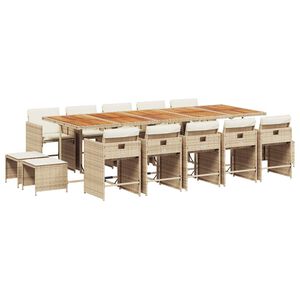 vidaXL 15 pcs conjunto de jantar p/ jardim com almofad&otilde;es vime PE bege