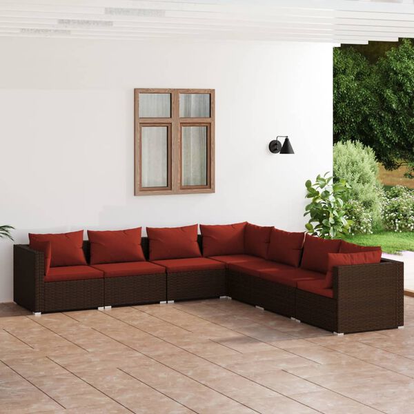vidaXL 7 pcs conjunto lounge jardim c/ almofad&otilde;es vime PE castanho