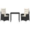 vidaXL Conjunto de Jantar para Jardim com almofada 3 pcs Preto vime PE