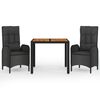 vidaXL 3 pcs conjunto de jantar p/ jardim c/ almofad&otilde;es vime PE preto
