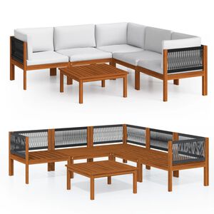 vidaXL Conjunto de lounge de jardim vidaXL com 6 pe&ccedil;as e almofadas em madeira de ac&aacute;cia creme e corda