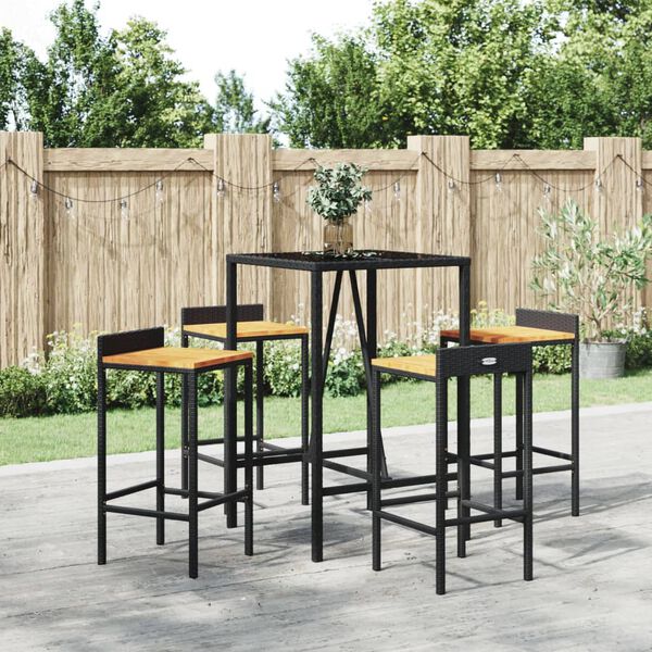 vidaXL 5 pcs conjunto de bar p/ jardim vime PE/ac&aacute;cia maci&ccedil;a preto