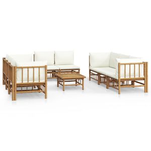 vidaXL 9 pcs conjunto lounge de jardim bambu c/ almofad&otilde;es branco nata