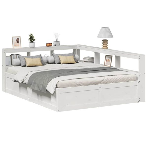 vidaXL Cama com estante sem colch&atilde;o 150x200 cm pinho maci&ccedil;o branco