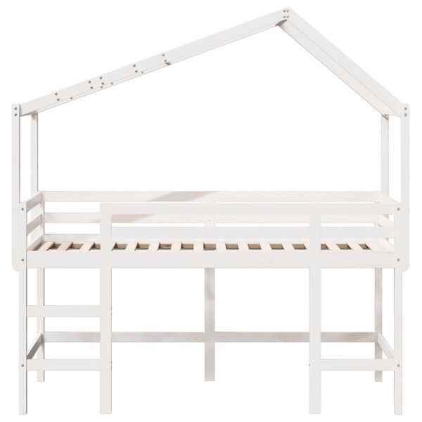 vidaXL Cama alta c/ escada e telhado 90x200 cm pinho maci&ccedil;o branco