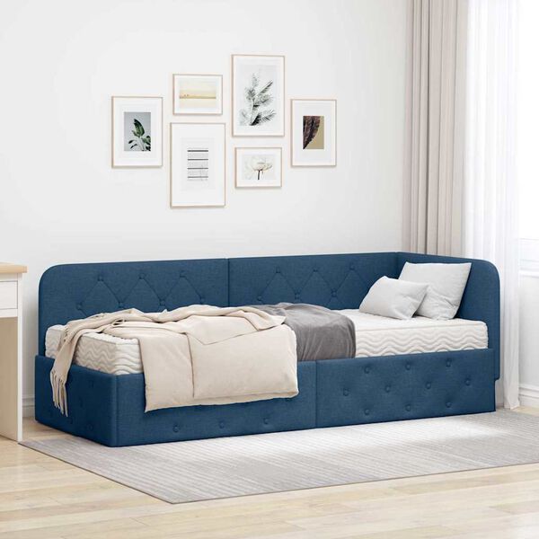 vidaXL Estrutura de Cama de Canto com colch&atilde;o Azul 80 x 200 cm tecido