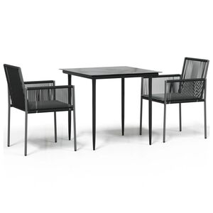 vidaXL 3 pcs conjunto jantar p/ jardim c/ almofad&otilde;es vime PE/a&ccedil;o preto