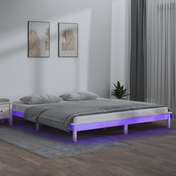 vidaXL Estrutura de cama c/ LED casal 135x190 cm madeira maci&ccedil;a branco