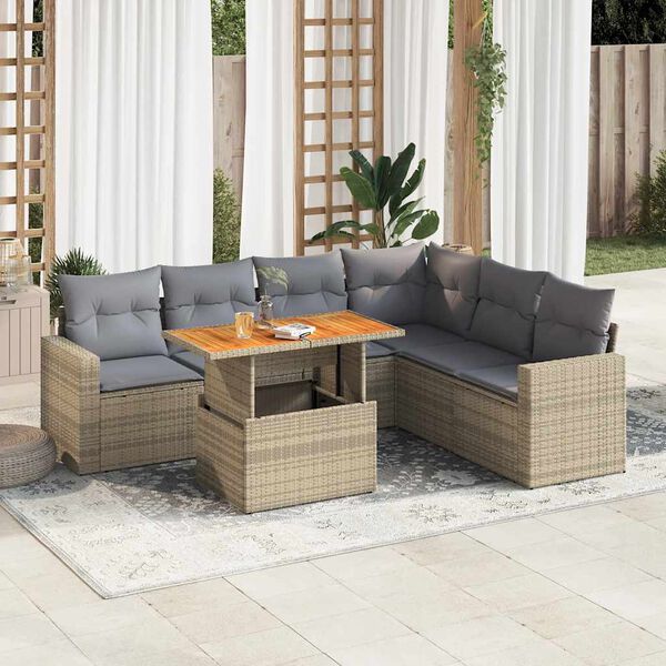 vidaXL 7 pcs conjunto de sof&aacute;s p/ jardim com almofad&otilde;es vime PE bege