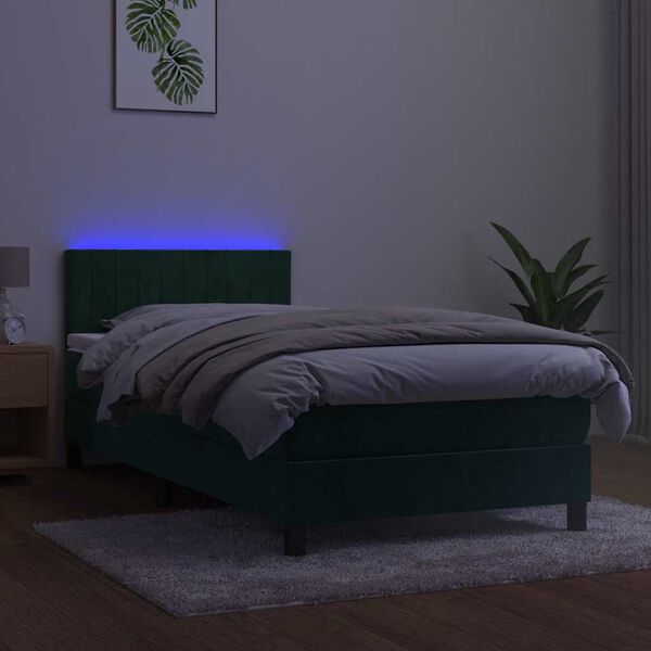 vidaXL Cama box spring c/ colch&atilde;o/LED 90x200 cm veludo verde-escuro