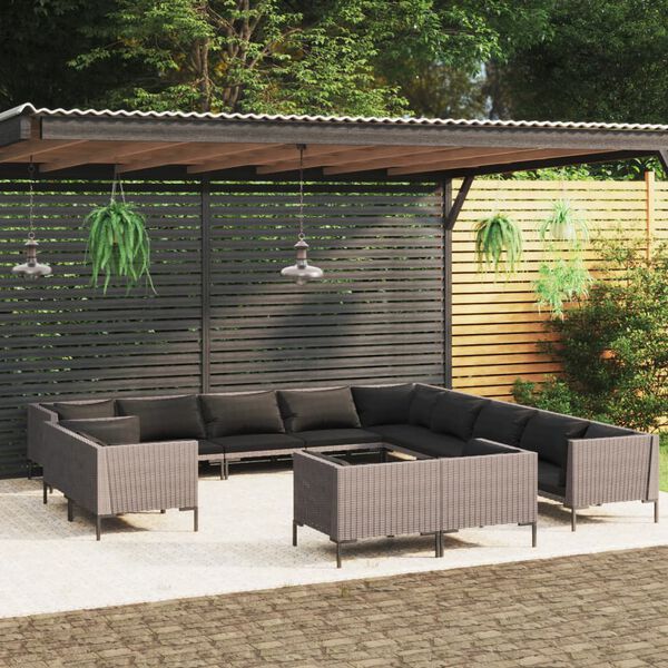 vidaXL 13 pcs conj. lounge jardim c/ almofad&otilde;es vime PE cinza-escuro