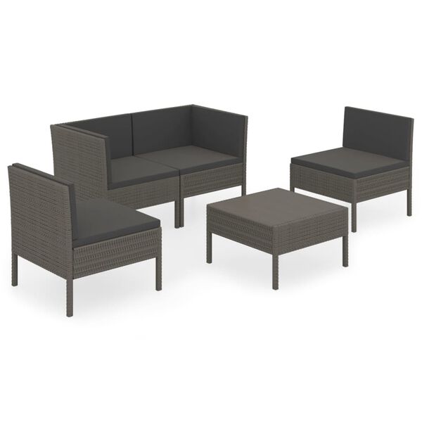 vidaXL 5 pcs conjunto lounge de jardim c/ almofad&otilde;es vime PE cinzento