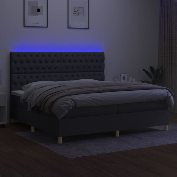 vidaXL Cama box spring c/ colch&atilde;o e LED 200x200 cm tecido cinza-escuro