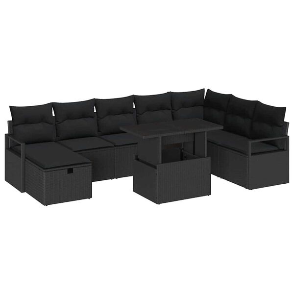 vidaXL Conjunto de Sof&aacute; de Jardim 9 pcs Preto Rattan Sint&eacute;tico