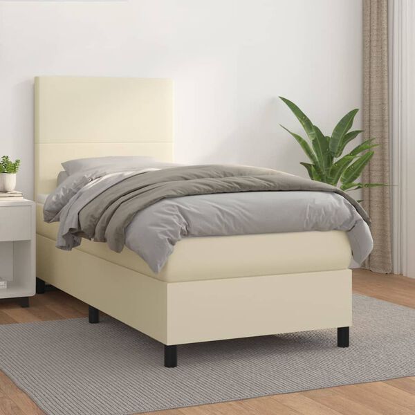 vidaXL Cama com molas/colch&atilde;o 90x190 cm couro artificial cor creme