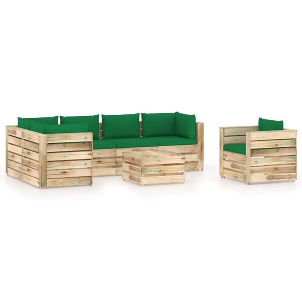 vidaXL 7 pcs conj. lounge jardim c/ almofad&otilde;es madeira impreg. verde
