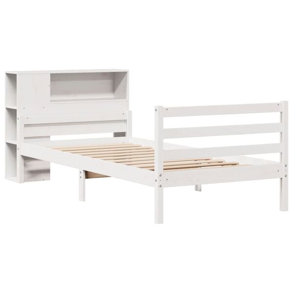 vidaXL Cama com estante sem colch&atilde;o 90x200 cm pinho maci&ccedil;o branco