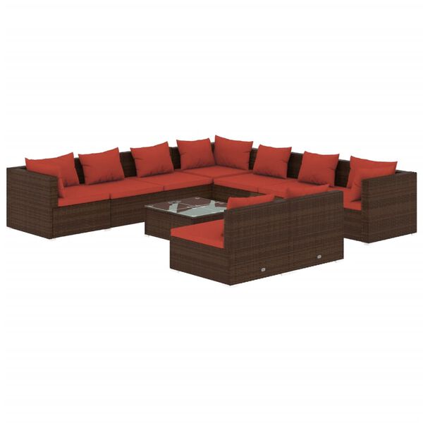 vidaXL 10 pcs conjunto lounge jardim c/ almofad&otilde;es vime PE castanho
