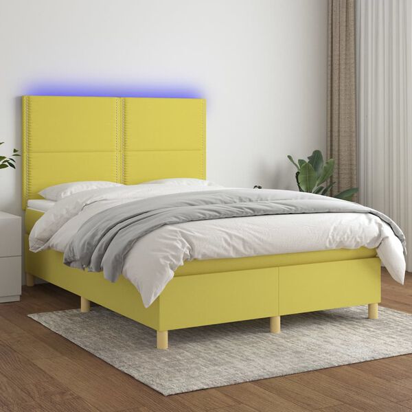 vidaXL Cama box spring c/ colch&atilde;o e LED 140x200 cm tecido verde