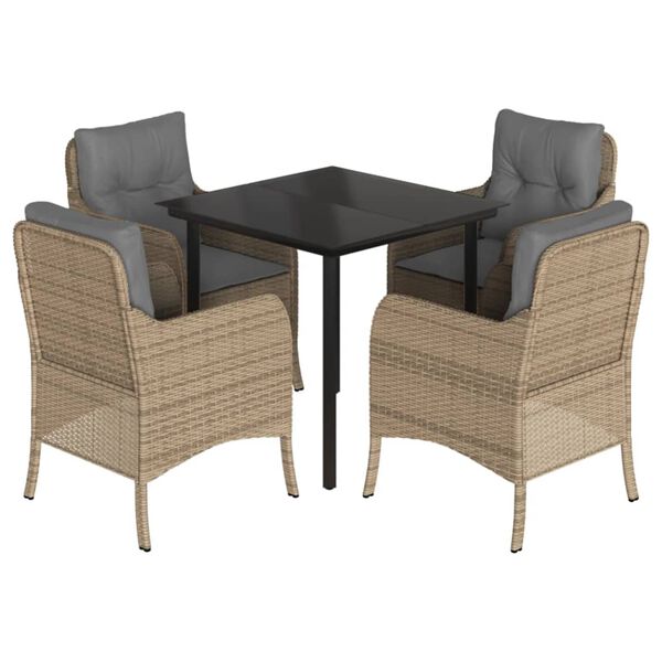 vidaXL 5 pcs conjunto de jantar p/ jardim com almofad&otilde;es vime PE bege