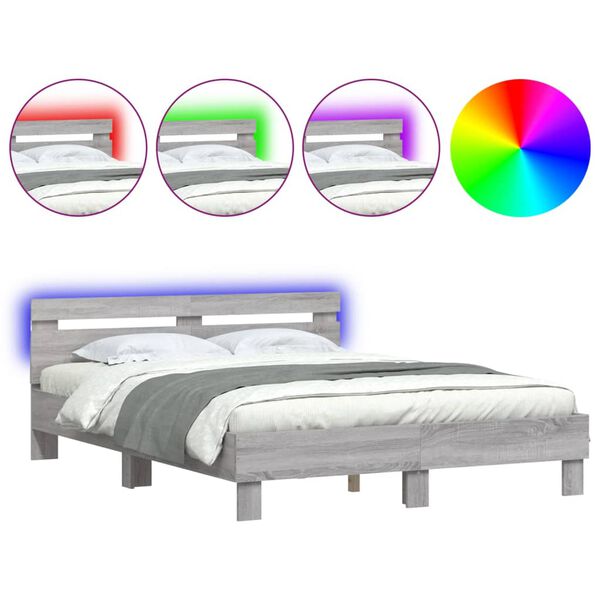 vidaXL Estrutura cama c/ cabeceira/luzes LED 140x190cm cinzento sonoma