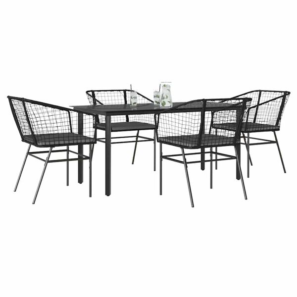 vidaXL Conjunto de jantar jardim 5 pe&ccedil;as almofadas vidro vime PE preto