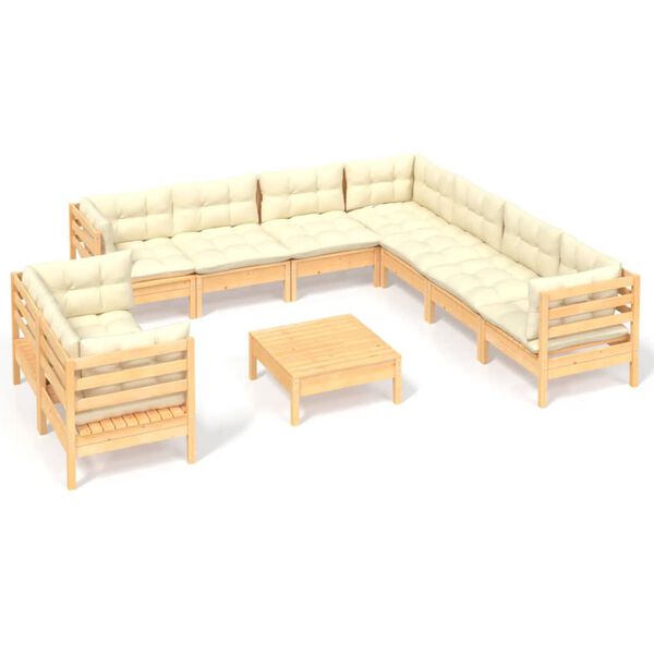 vidaXL 10 pcs conjunto lounge jardim c/ almofad&otilde;es creme pinho maci&ccedil;o