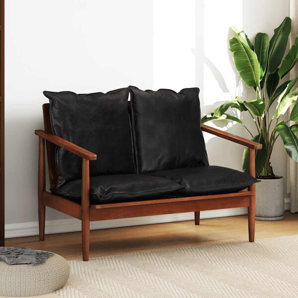 vidaXL Sofá de 2 lugares couro genuíno e acácia maciça preto