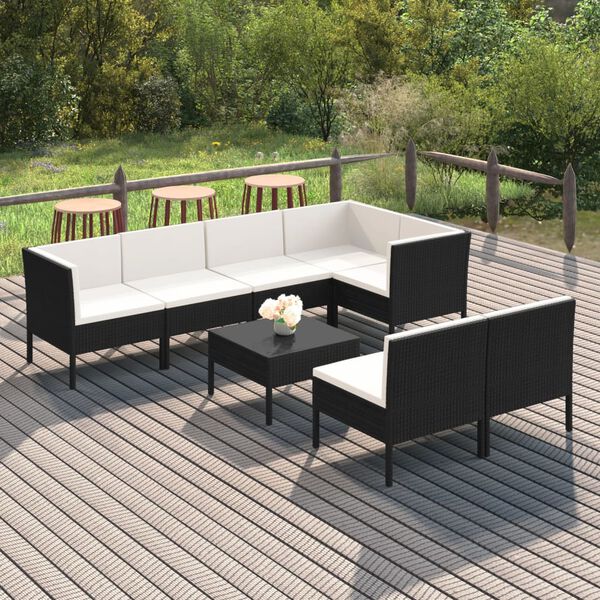 vidaXL 8 pcs conjunto lounge de jardim c/ almofad&otilde;es vime PE preto
