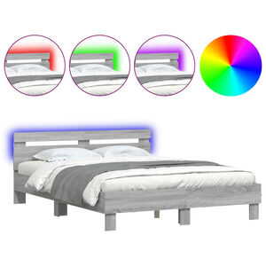 vidaXL Estrutura cama c/ cabeceira/luzes LED 140x200cm cinzento sonoma