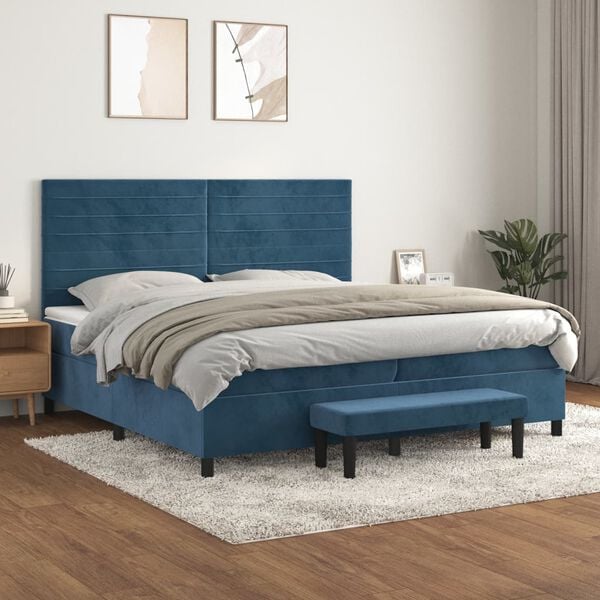 vidaXL Cama com molas/colch&atilde;o 200x200 cm veludo azul-escuro