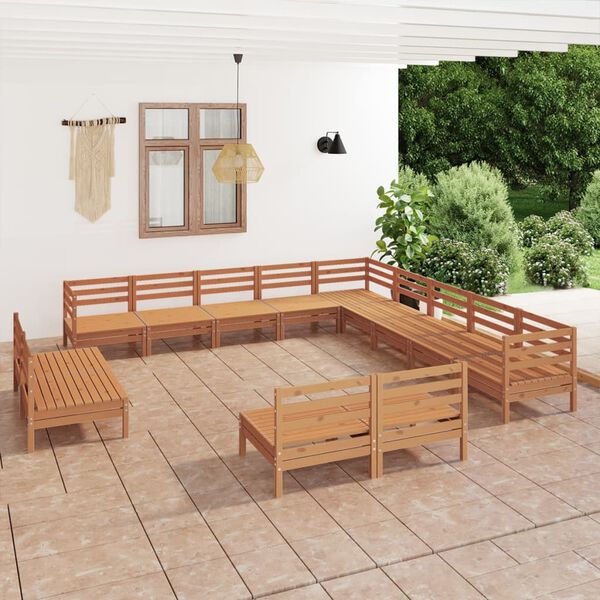 vidaXL 13 pcs conjunto lounge de jardim pinho maci&ccedil;o castanho mel