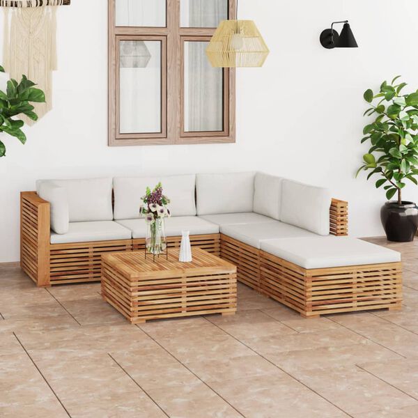 vidaXL 6 pcs conjunto lounge jardim c/ almofad&otilde;es creme teca maci&ccedil;a