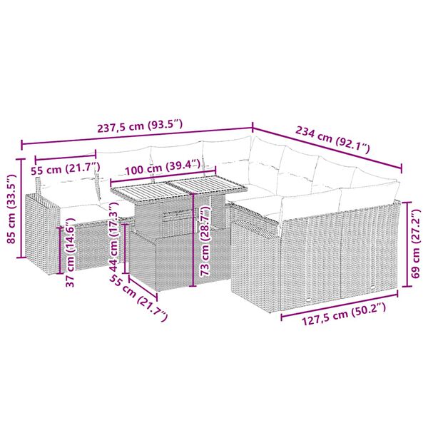 vidaXL 9 pcs conjunto de sof&aacute;s p/ jardim com almofad&otilde;es vime PE bege