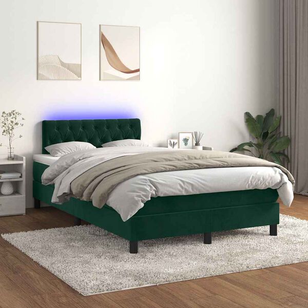 vidaXL Cama box spring c/ colch&atilde;o/LED 120x200 cm veludo verde-escuro