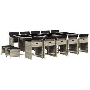 vidaXL 15 pcs conj. jantar jardim c/ almofad&otilde;es vime PE cinzento-claro